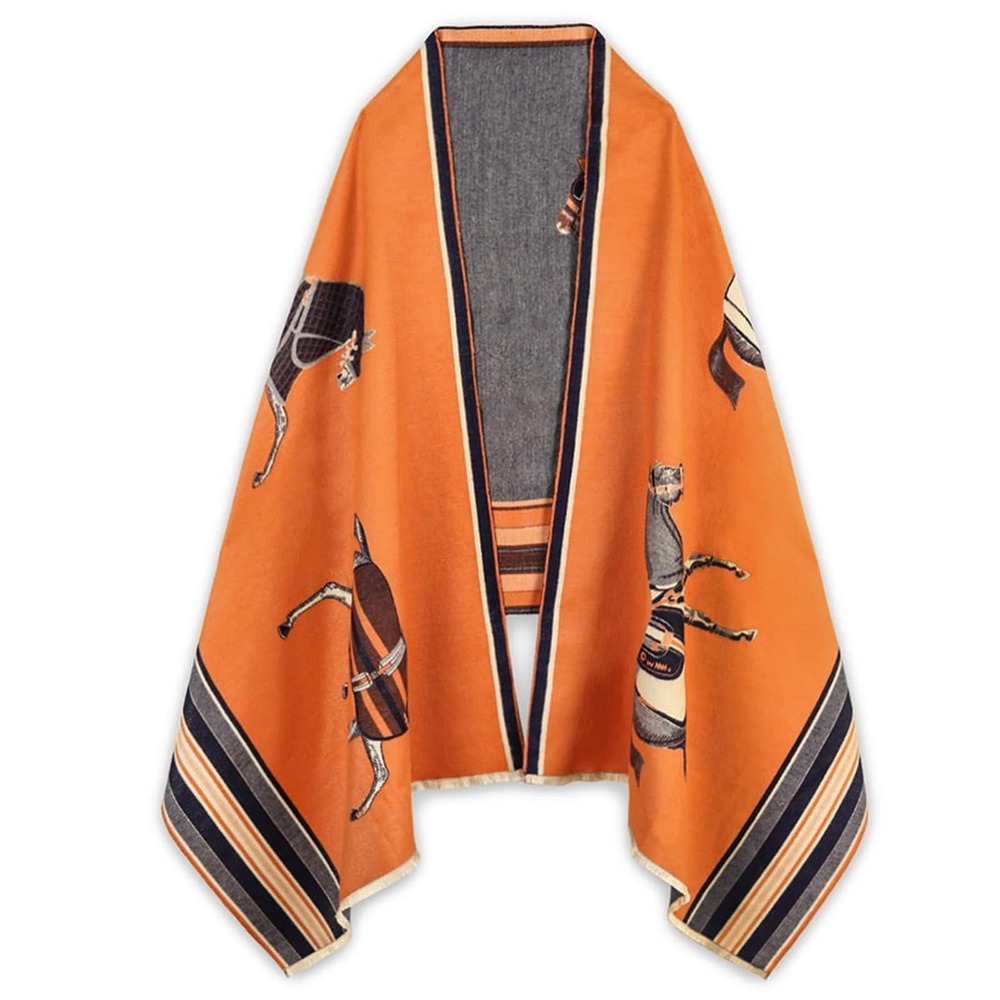 Orange‎ Equestrian Horse Print Scarf Viscose Blend Striped Border Shawl Wrap